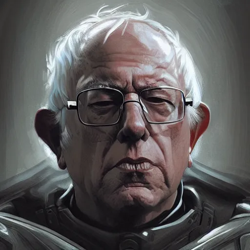 Prompt: Portrait of Bernie Sanders wearing futuristic power armor, fantasy, horror, intricate, highly detailed, digital painting, trending on artstation, sharp focus, illustration, style of Stanley Artgerm