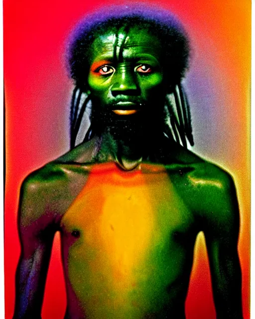 Prompt: a colorful chromatic abberation, 9 0 s toy commercial, double exposure photo from the 7 0 s, polaroid painting portrait of a african tribal warrior, by zdzislaw beksinski, by ernst haeckel