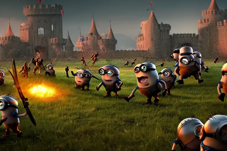 Prompt: diorama of group of minions fending off an army of orcs on the open plains of bliss wallpaper, giant castle walls, realistic, 4 k, detailed, atmospheric, cinematic lighting, octane render, unreal engine render, ray tracing lighting