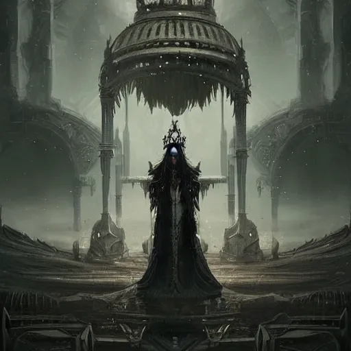 Image similar to of a beautiful black haired woman with pale skin and a crown on her head sitted on an intricate metal throne in eerie atmospheric alien worlds, epic cinematic matte painting, art by greg rutkowski