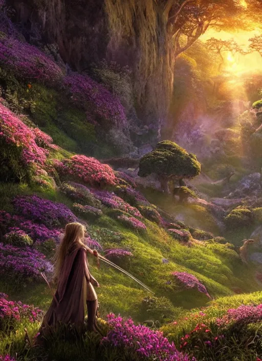 Prompt: a beautiful fairy in the lord of the rings scenery landscape, looking out at a vast lush valley of flowers and mushroom structures, sunrise, god's rays highly detailed, vivid color, cinematic lighting, perfect composition, 8 k, gustave dore, derek zabrocki, greg rutkowski, belsinski, octane render