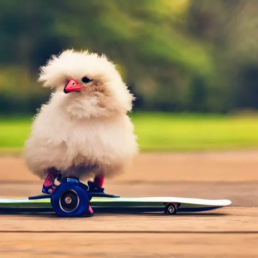 Prompt: fluffy chick riding mini skateboard, photorealistic