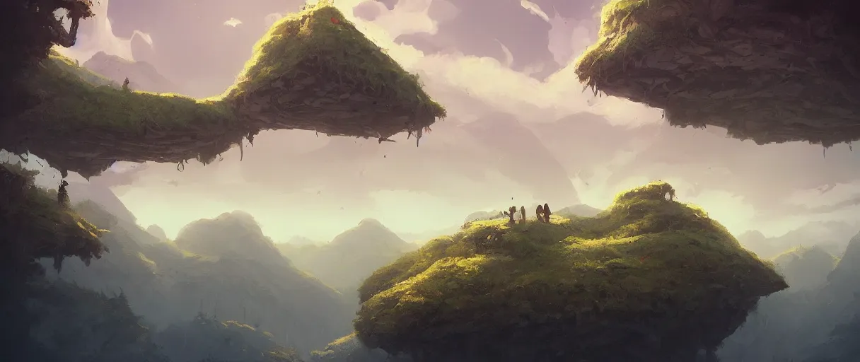 Prompt: floating islands over forest, mountains in background, concept art, low angle, cinematic, style of jordan grimmer