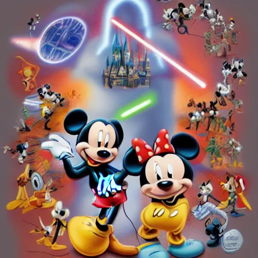 Image similar to Disney special consisting of Mickey Mouse, Star Wars Jedis and other franchise characters, photorealistic, highly detailed, trending on artstation, pixel art