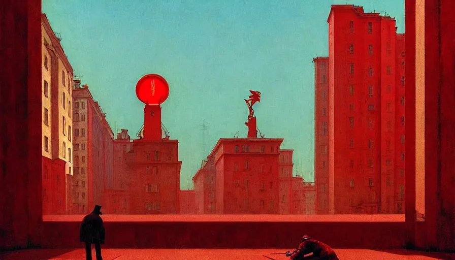 Image similar to only with red, soviet communism city cold atmosphere and with soviet flag, in the style of beksinski, by edward hopper and rodcenko and yue minjun and cory loftis, intricate and epic composition, red by caravaggio, highly detailed, masterpiece, red light, artstation, art nouveau