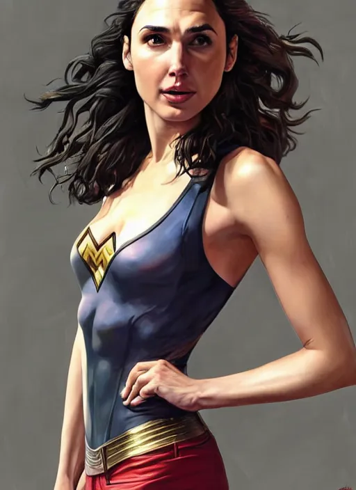 Image similar to full length photo of gal gadot in a tanktop in the style of stefan kostic, realistic, sharp focus, 8k high definition, insanely detailed, intricate, elegant, art by stanley lau and artgerm