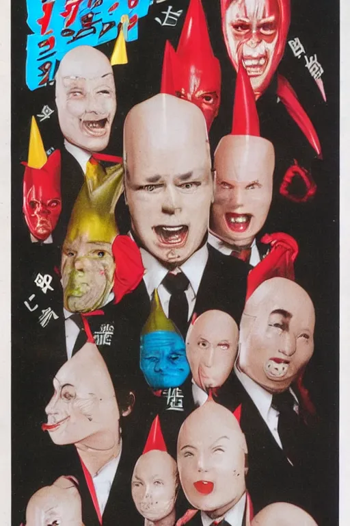 Image similar to coneheads, japanese vhs cover art, detailed facial expressions