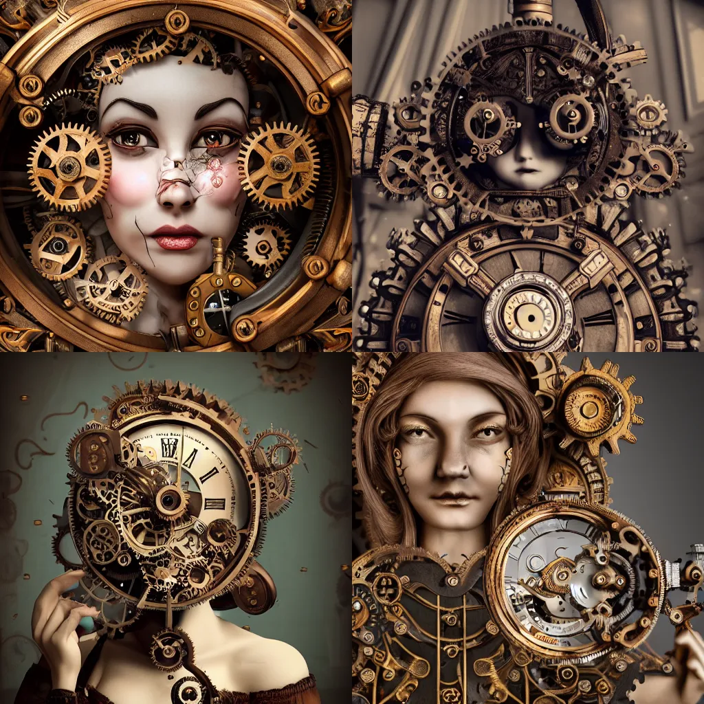 Prompt: beautiful ornate mechanical clockwork maid with a cracked porcelain face, steampunk, gears, intricate details, portrait, realistic octane render, shallow depth of field, 8k