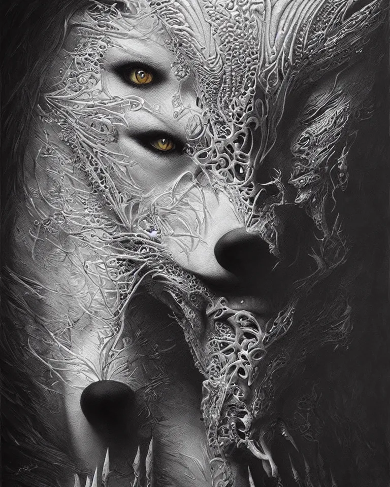 Image similar to ultra realist intricate detailed portrait of an attractive female turning into a white wolf, insanity, accurate features, apocalyptic, very intricate details, 8 k resolution, dim lighting, volumetric lighting, artstyle, zdzisław beksinski and keith thompson, award winning