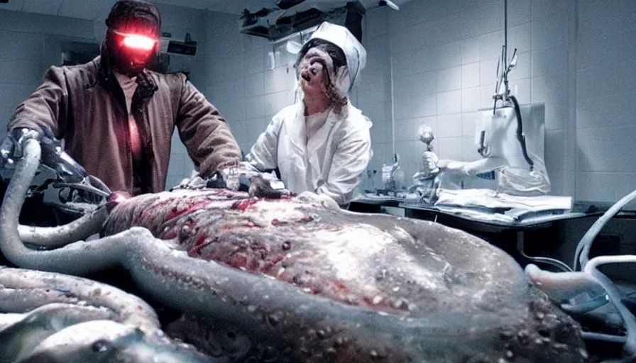 Image similar to Big budget horror movie about a cyborg doing an autopsy on a giant squid's heart