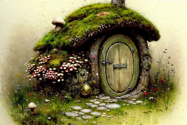 Prompt: (((((1950s flower moss and mushroom covered hobbit house . muted colors.))))) by Jean-Baptiste Monge !!!!!!!!!!!!!!!!!!!!!!!!!!!
