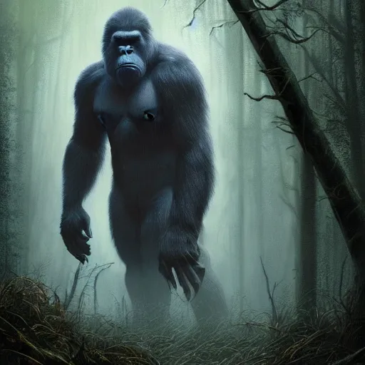 Image similar to Dark fantasy Painting of a huge bigfoot gorilla creature lurking in the misty forest, gloomy, full body, disgusting, creepy, unsettling, horror, intricate, wild, highly detailed, digital painting, artstation, concept art, smooth, sharp focus, illustration, art by artgerm and greg rutkowski and alphonse mucha