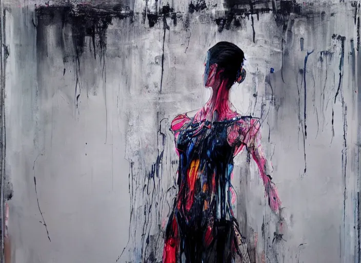 Prompt: young ballerina floating in paint in a big dark room, painted in style of marlene dumas, andreas gursky, pat steir, oil painting, dripping paint, threads, neon, glitch, intricate details, lonely, psychologic, melancholic, symmetrical face, hyper detailed, rendered in octane, cg society contest winner, altermodern