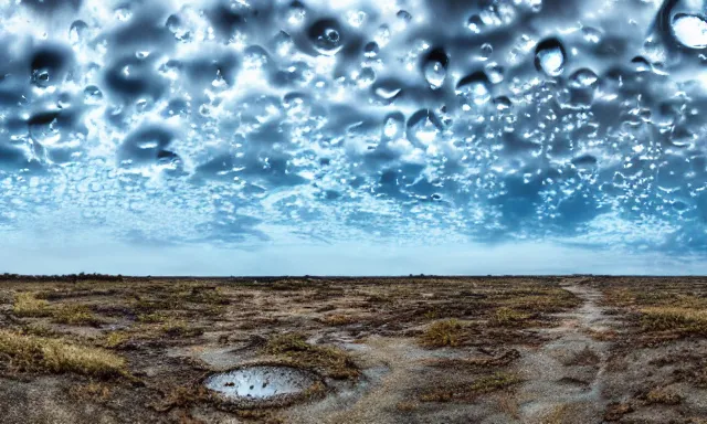 Image similar to beautiful panorama of many magnificent big upside-down raindrops in a perfect cloudless blue sky above a dried up river surrounded by desolate land and dead trees, blue sky, hot and sunny highly-detailed, elegant, dramatic lighting, artstation, 4k, cinematic landscape, masterpiece photograph by Elisabeth Gadd