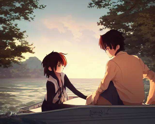 Image similar to a boy and a girl with long flowing auburn hair, boy has short black hair, sitting together in one single boat. Atmospheric lighting, long shot, romantic, boy and girl are the focus, trees, blue water. Anime. By Makoto Shinkai, Stanley Artgerm Lau, WLOP, Rossdraws, James Jean, Andrei Riabovitchev, Marc Simonetti, krenz cushart, Sakimichan, D&D trending on ArtStation, digital art.