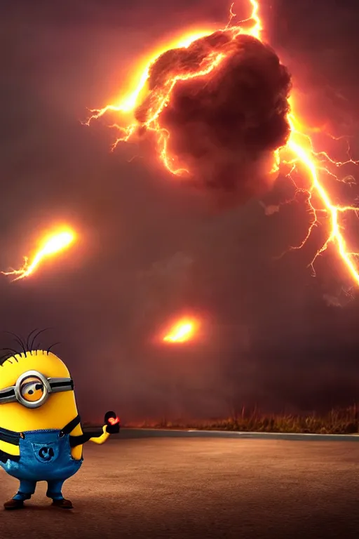 Image similar to minion trying to explode a bomb, realistic, dramatic lightening, cinematic