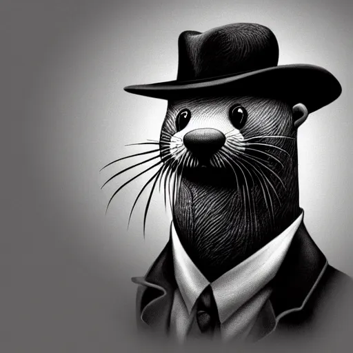 Prompt: anthropomorphic masculine otter in costume in a fedora hat, juanjo guarnido, concept art, highly detailed, eddotorial illustration, b & w, noir