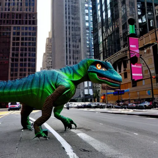 Image similar to a dinosaur staring at a person in a dinosaur costume, in the middle of a road in new york.