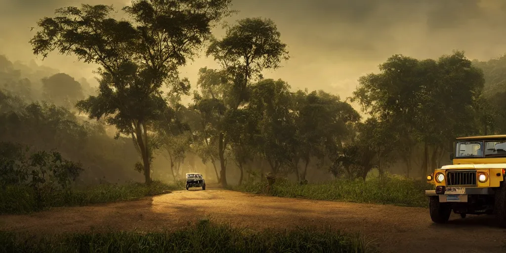 Prompt: kerala village countryside, beautiful dynamic lighting, mahindra thar on the road, cinematic, wide angle establishing shot, extremely high detail, photo realistic, cinematic lighting, post processed, concept art, artstation, matte painting, style by eddie mendoza, raphael lacoste, alex ross, volumetric lighting, light rays, photorealistic, ultrarealistic, moody, coronarender, 8k