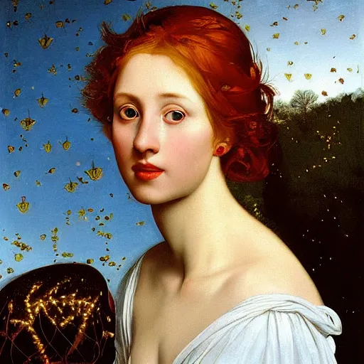 Image similar to a highly detailed, hyper realistic red haired young woman, white romantic dress with intricate details, among golden fireflies, long hair, green eyes, hint of freckles, round gentle face, cheeky smile, deep focus, elegant, smooth, sharp, golden ratio, digital painting, art by artemisia lomi gentileschi and caravaggio