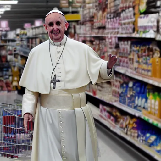 Prompt: Pope Francis wearing a French maid outfit and cat ears walking through Walmart, highly detailed, very highly detailed, 4k, photorealistic