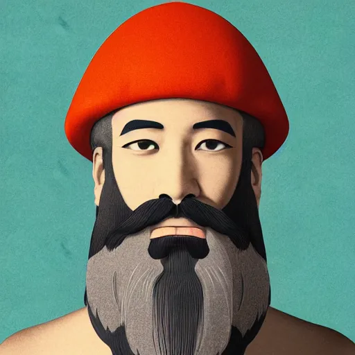 Image similar to ukiyo-e portrait of a bearded man in a mushroom hat, studio lightning, bright colors, intricate, masterpiece, photorealistic, hiperrealistic, sharp focus, high contrast, Artstation HQ, DeviantArt trending, 4k UHD, Unreal Engine 5