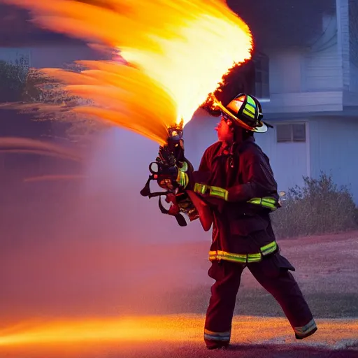 Image similar to photo of a firefighter using a flamethrower projecting a long flame. award-winning, highly-detailed