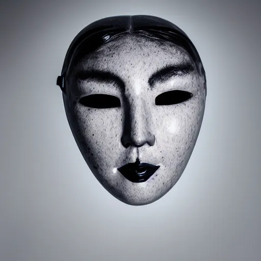 Image similar to professional photograph of a white porcelain mask, female face shaped, floating, black background, light source on top, front view