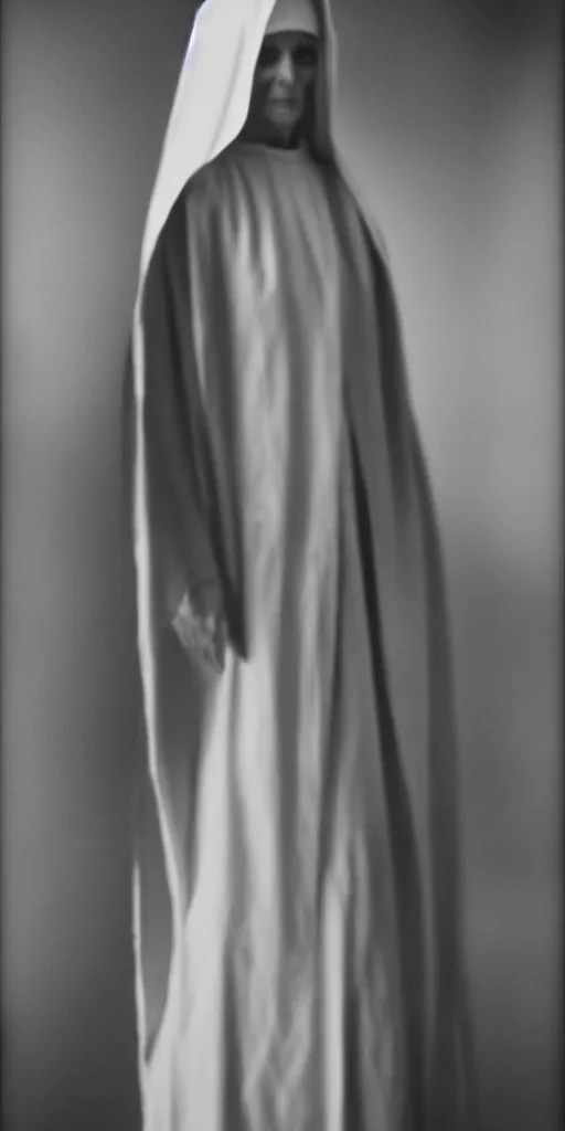 Image similar to grainy 2 0 mm film photograph of an extremely tall weird nun. uhd, amazing depth, cinematic lighting, photorealism.