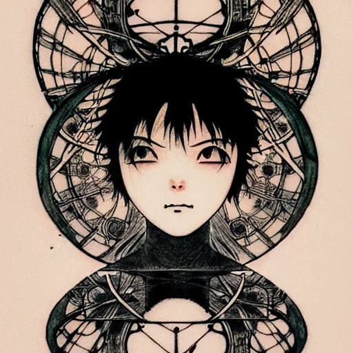 Image similar to prompt: Fragile looking character soft light portrait face drawn by Takato Yamamoto and Katsuhiro Otomo, tattooed face, inspired by Akira 1988 anime, alchemical objects on the side, soft light, intricate detail, intricate gouache painting detail, sharp high detail, manga and anime 2010