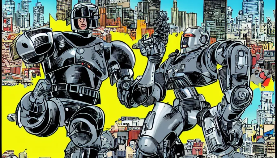 Image similar to robocop fighting crime, by jeff smith