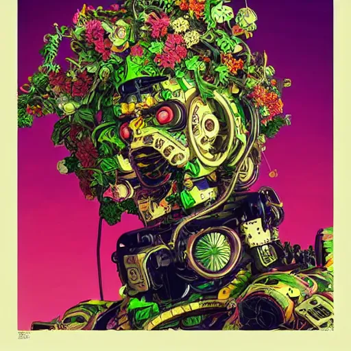 Image similar to colourful vfx art - portrait of army mecha robot wrapped in flowers & vines, art by utagawa kunisada & tadanori yokoo, volumetric light, ray tracing, sharp, detailed, digital painting, illustration, highly detailed, intricate detail, unreal engine, octane render, pinterest, behance, art station,