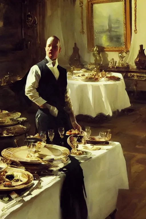 Image similar to portrait of a respectable dignified royal business elite politician standing on top of a finely set table calmly stepping in the food art by anders zorn, wonderful masterpiece by greg rutkowski, beautiful cinematic light, american romanticism by greg manchess, jessica rossier