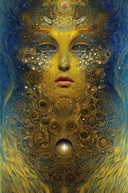 Image similar to Machinery of Fate by Karol Bak, Jean Deville, Gustav Klimt, and Vincent Van Gogh, enigma, otherworldly, fractal structures, prophecy, ornate gilded medieval icon, third eye, spirals