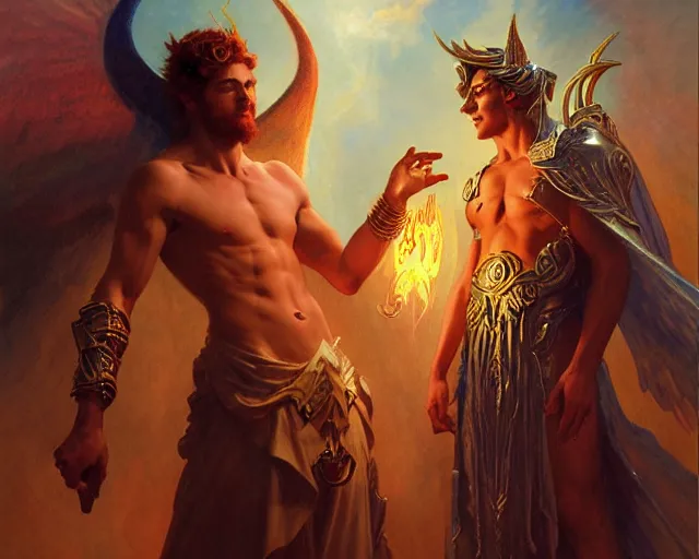 Image similar to attractive male deity, casting demonic magic, summoning handsome lucifer morning star. highly detailed painting by gaston bussiere, craig mullins, j. c. leyendecker 8 k