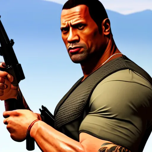 Prompt: Grand Theft Auto 5 gameplay of Dwayne Johnson holding a auto shotgun