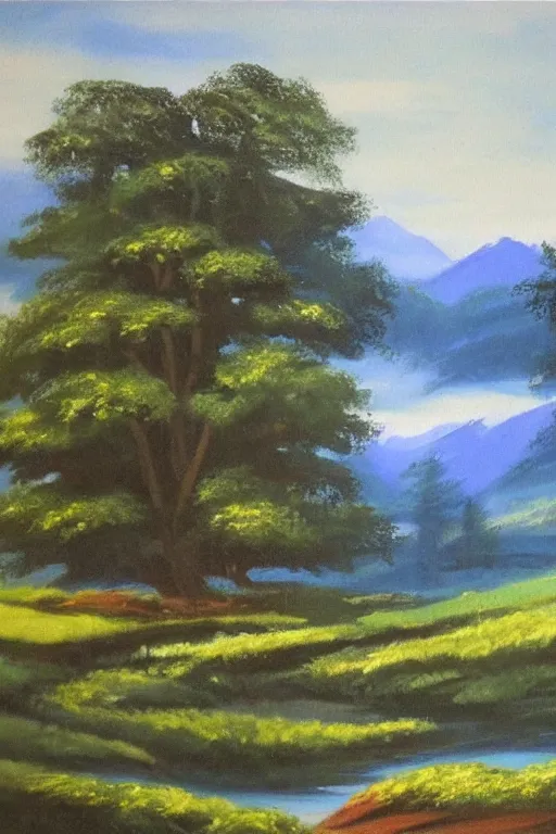 Image similar to a bob ross traditional landscape painting