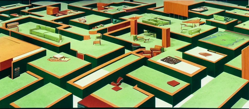 Prompt: huge sprawling gargantuan angular dimension of infinite indoor landscape 7 0 s green velvet and wood with metal furniture office. surrealism, mallsoft, vaporwave, 7 0 s office furniture catalogue, shot from above, epic scale by escher