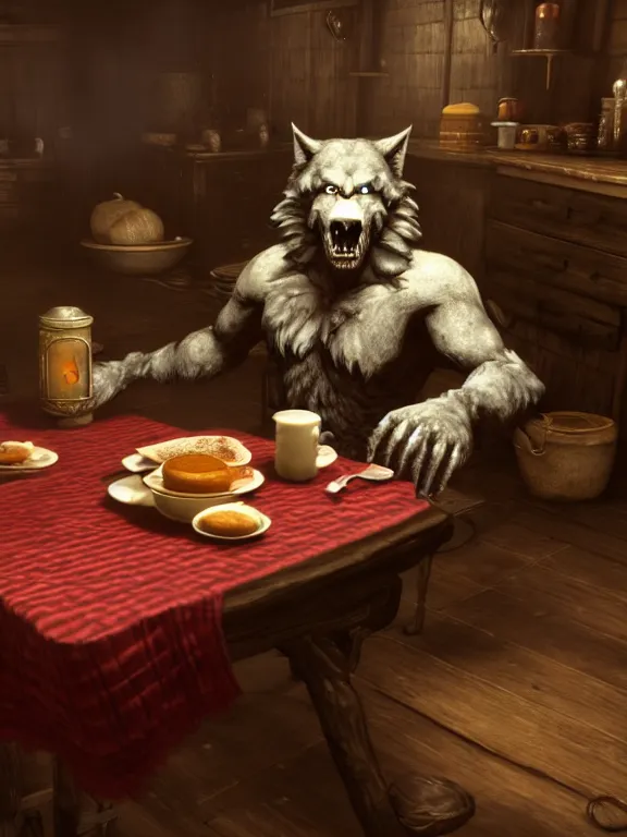 Image similar to cute handsome cuddly burly surly relaxed calm timid werewolf from van helsing sitting down at the breakfast table in the kitchen of a normal country home cooking having fun lighthearted whimsy whimsical baking strawberry tart cakes unreal engine hyperreallistic render 8k character concept art masterpiece screenshot from the video game the Elder Scrolls V: Skyrim