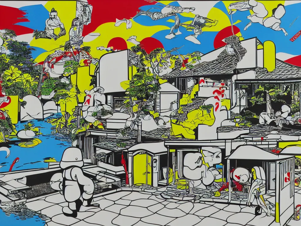 Image similar to hyperrealism composition of the japanese house with a hot springs in the garden, detailed stormtrooper in hot springs, pop - art style, jacky tsai style, andy warhol style, roy lichtenstein style, acrylic on canvas