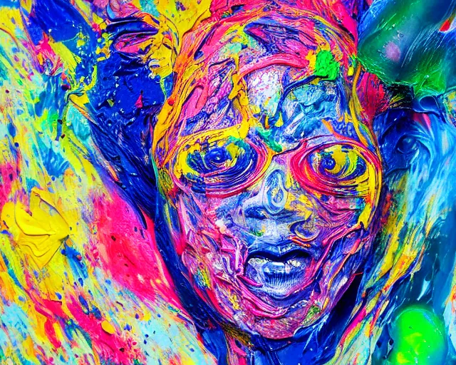 Image similar to abstract expressionist portrait of a head showing strong negative emotions painted with very thick impasto paint and acrylic pour and coloured powder explosion and splashing paint and dripping paint and flying paint chunks, motion blur, hyperrealistic, intricate art photography, anatomically correct, realistic crisp textures, 1 6 k