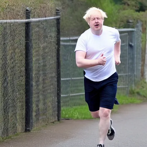 Image similar to Photo of Boris Johnson running, wearing a white t shirt and shorts