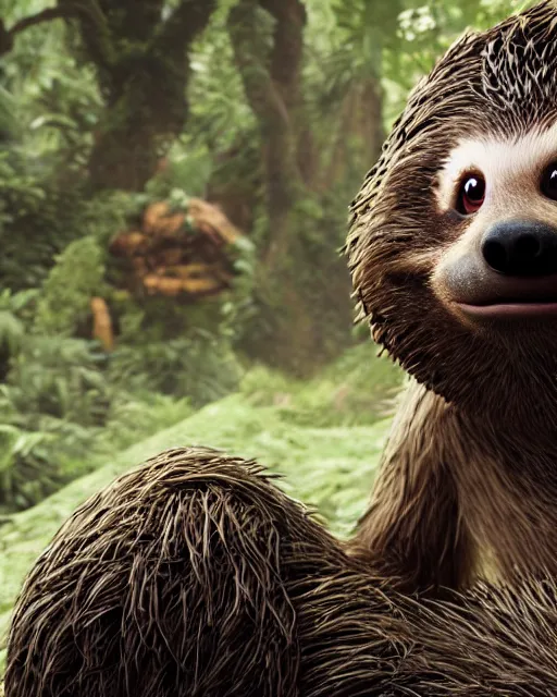 Image similar to sonic the hedgehog as a sloth, weta hyperrealism cinematic lighting and compositon