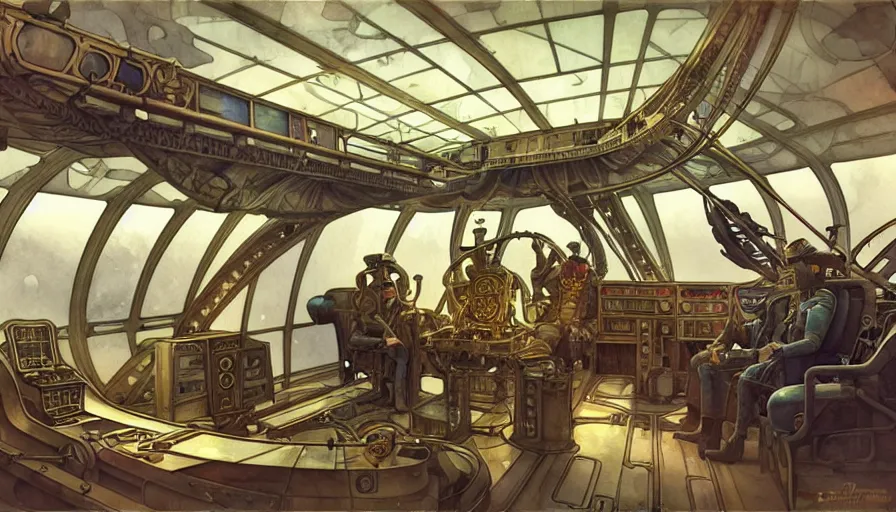 Prompt: airship interior bridge of warship, captain's chair, bridge crew, starship, french baroque, napoleonic, dieselpunk science fiction, steampunk, command and control center, sharp, concept art watercolor illustration by mandy jurgens and alphonse mucha, dynamic lighting