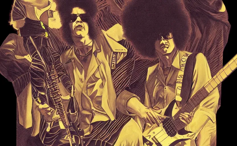 Image similar to the mars volta in a hyper surealism style, ultra detailed, in subtle colors, manga style.