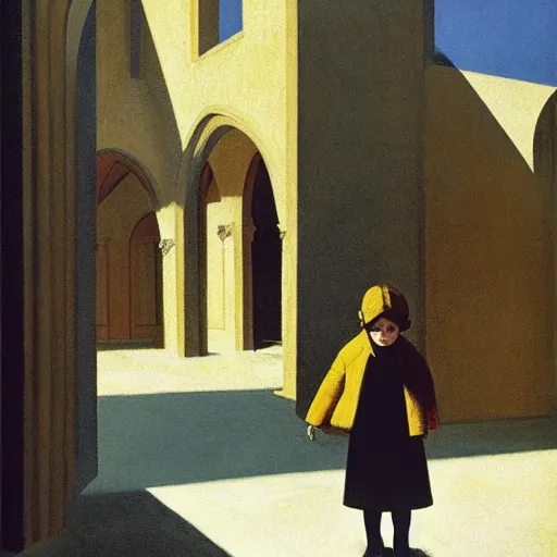 Prompt: a distant little girl with short black hair and wearing a yellow coat alone in the inner courtyard of an abbey, the light is bright and wintry, painting by hopper and de chirico