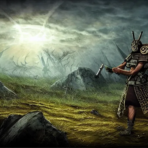 Image similar to tchno - neolithic cyber - warlord, battlefield landscape, victorious photorealistic hd,