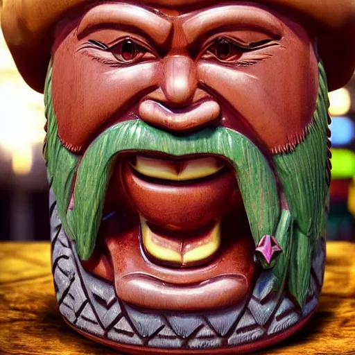 Image similar to a photorealistic photograph of a Trader Vic's tiki mug featuring joyful Johnny Depp at a Tiki bar - Trending on Artstation, featured on Behance, well-rendered, Unreal Engine, 4K HD