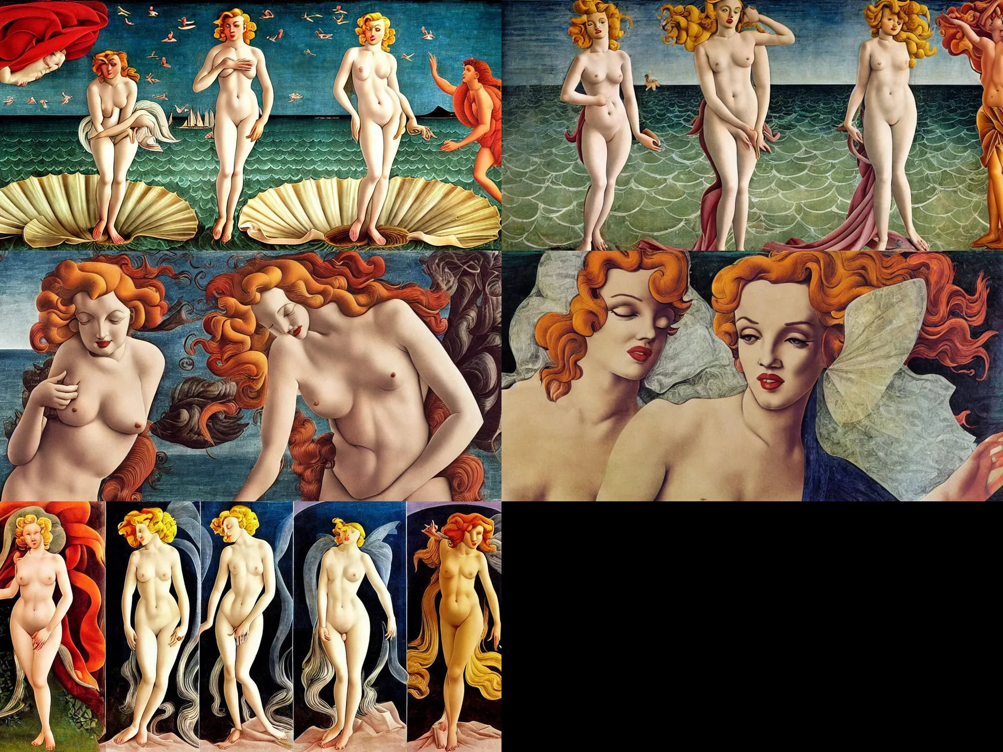 Prompt: Color photo of Marilyn Monroe walking in the style of the Birth of Venus by Sandro Botticelli