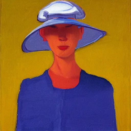 Image similar to woman with hat, by Alex Katz, colorful, yellow background, oil on canvas